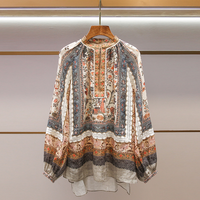 Shenzhen Nanyou High-End Women's Clothing 2026 Spring New Ethnic Style Chinese Print Long-Sleeved Lace Loose Shirt for Women