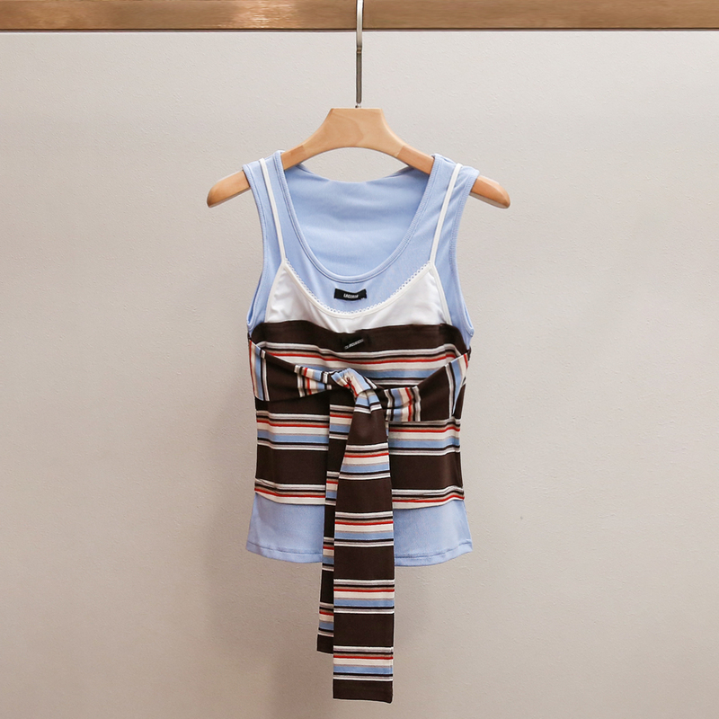 [in Stock] Shenzhen Nanyou High-End Women's Clothing 26 Summer New Style Color-Block Sleeveless Knitted Faux Three-Piece Ribbed Tie Vest