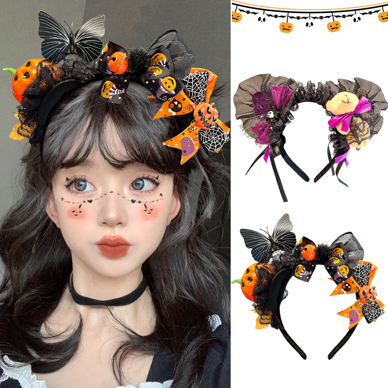 Halloween Little Witch Skull Headband Dark Bear Headband Spider Pumpkin Quirky Lace Bow Hair Accessory