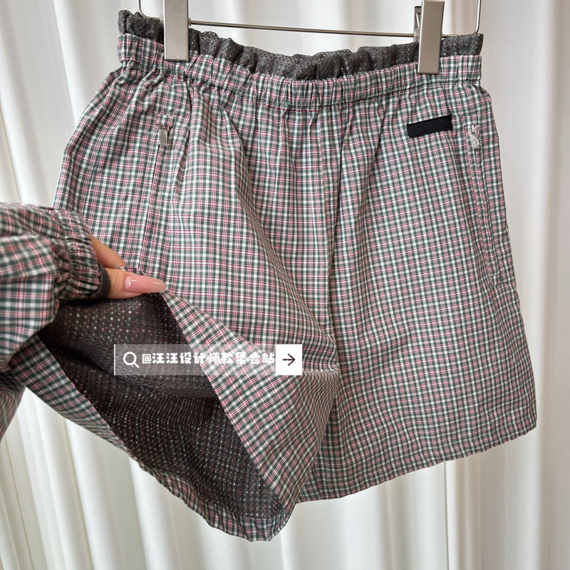 British Retro Style, Pink and Green Fine Check Pattern, Contrasting Color, Double Waist, Patch Embroidery, Functional Casual Sports Shorts