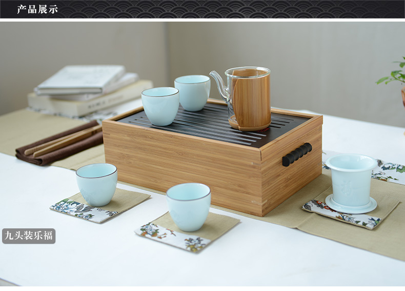 Auspicious blessing, glass tea set bamboo tea tray was portable kung fu tea set of a complete set of is suing ceramic gift set travel home