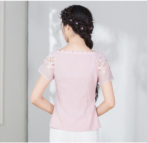 Khói SD2019 mùa hè mới của phụ nữ khí chất voan ren khâu áo sơ mi ngắn tay áo thun áo sơ mi nữ tay ngắn