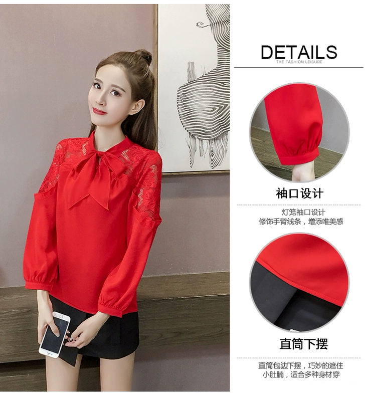 Áo sơ mi voan nơ mới 2018 phiên bản Hàn Quốc mới của áo sơ mi size lớn Đầm ren tay dài chạm đáy