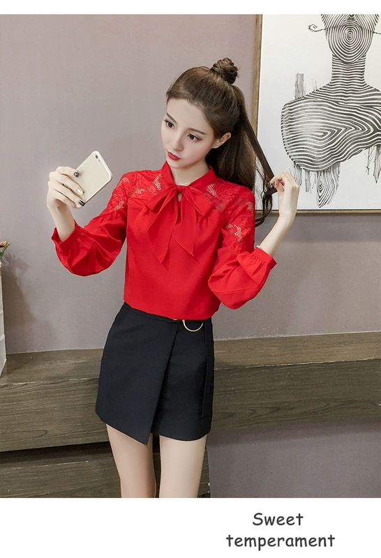 Áo sơ mi voan nơ mới 2018 phiên bản Hàn Quốc mới của áo sơ mi size lớn Đầm ren tay dài chạm đáy sơ mi xanh