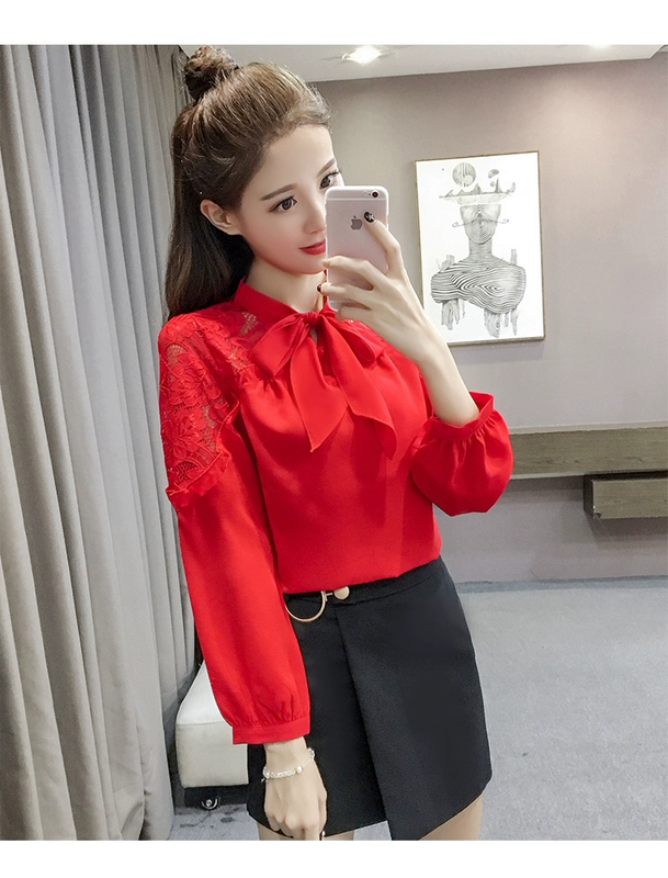Áo sơ mi voan nơ mới 2018 phiên bản Hàn Quốc mới của áo sơ mi size lớn Đầm ren tay dài chạm đáy sơ mi xanh