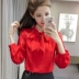 Áo sơ mi voan nơ mới 2018 phiên bản Hàn Quốc mới của áo sơ mi size lớn Đầm ren tay dài chạm đáy sơ mi xanh Áo sơ mi chiffon ren