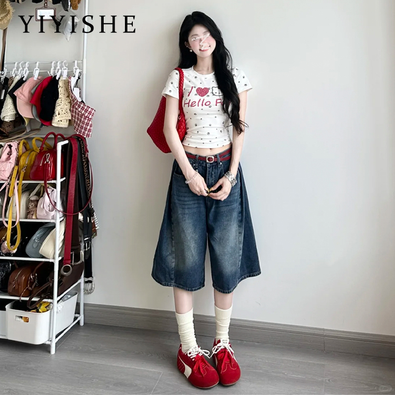 American Retro Three-Quarter Length Denim Jeans for Women, 2026 Summer New High-Waisted Slimming Loose Straight Mid-Length Pants