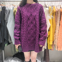2020 autumn and winter retro long lazy wind loose outside wear twist pattern thick line pullover purple sweater women