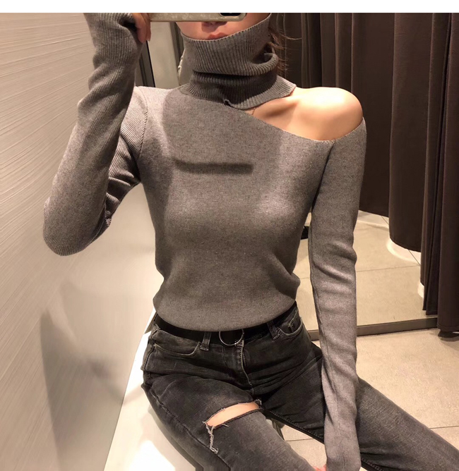 Mùa thu đông 2018 mới ulzzang dài tay áo thun cổ cao lệch vai Slim áo len đáy đáy màu trơn áo thun có cổ