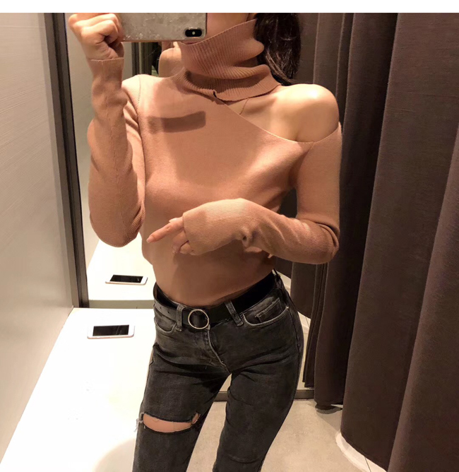 Mùa thu đông 2018 mới ulzzang dài tay áo thun cổ cao lệch vai Slim áo len đáy đáy màu trơn áo thun có cổ