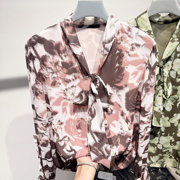 2025 new korean retro v-neck lace-up printed pullover long-sleeved chiffon shirt for women spring thin top