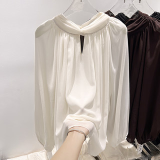 2025 new style french style stand-up collar hollow pleated solid color pullover long-sleeved chiffon shirt for women autumn thin top