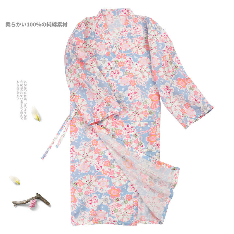 Summer women's pure cotton pajamas home service Japanese thin nightdress bathrobe hot spring steaming suit cherry blossom and wind