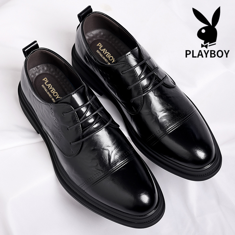 Playboy Casual Leather Shoes for Men, Genuine Leather, Breathable, Business Formal Derby Shoes, Men's Height-Increasing Groom Wedding Shoes