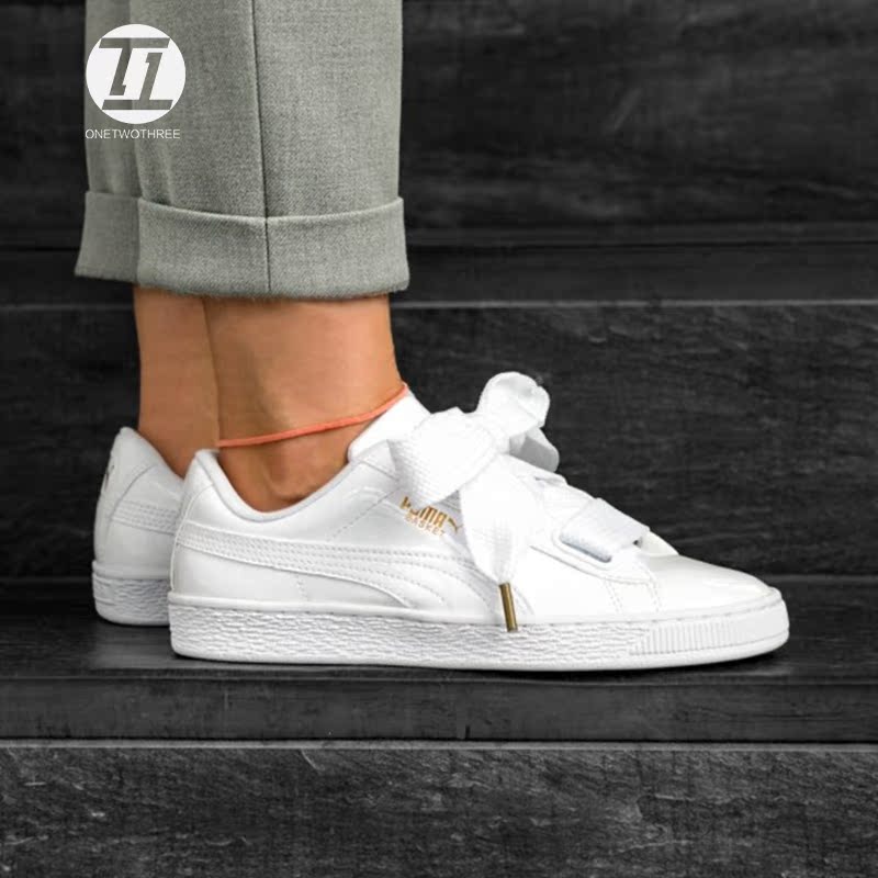 puma basket heart patent white