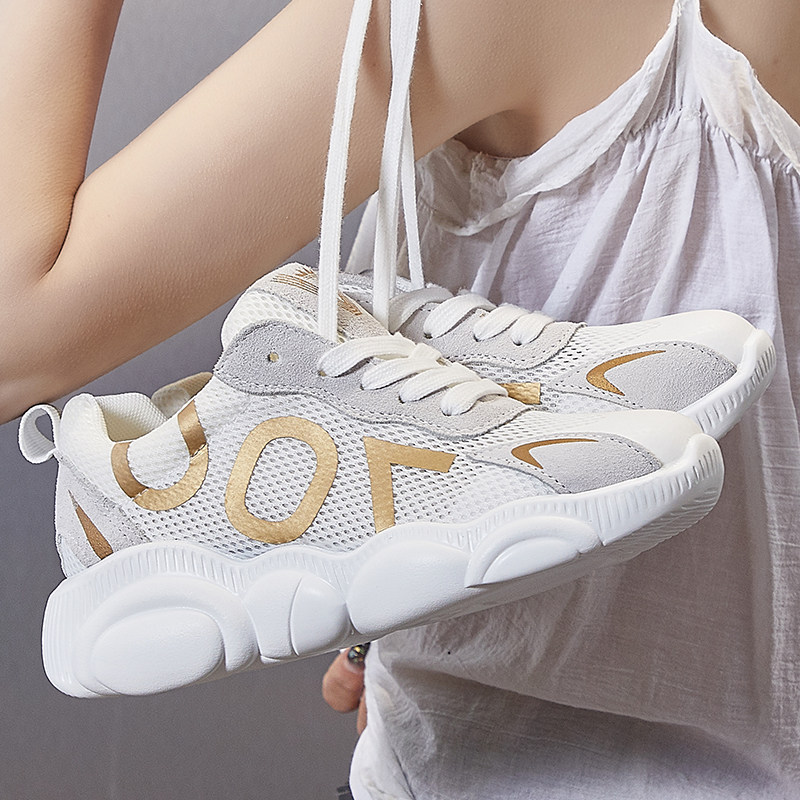 Real Leather Old Daddy Shoes Women Tide Students 2022 Summer New Little White Shoes 100 Hitch Lace Soft Bottom Breathable Net Face Casual Shoes