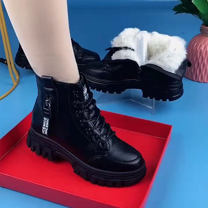 Leather wool snow boots women 2022 new all-match short boots fur integrated flat cotton shoes women winter plus velvet thick