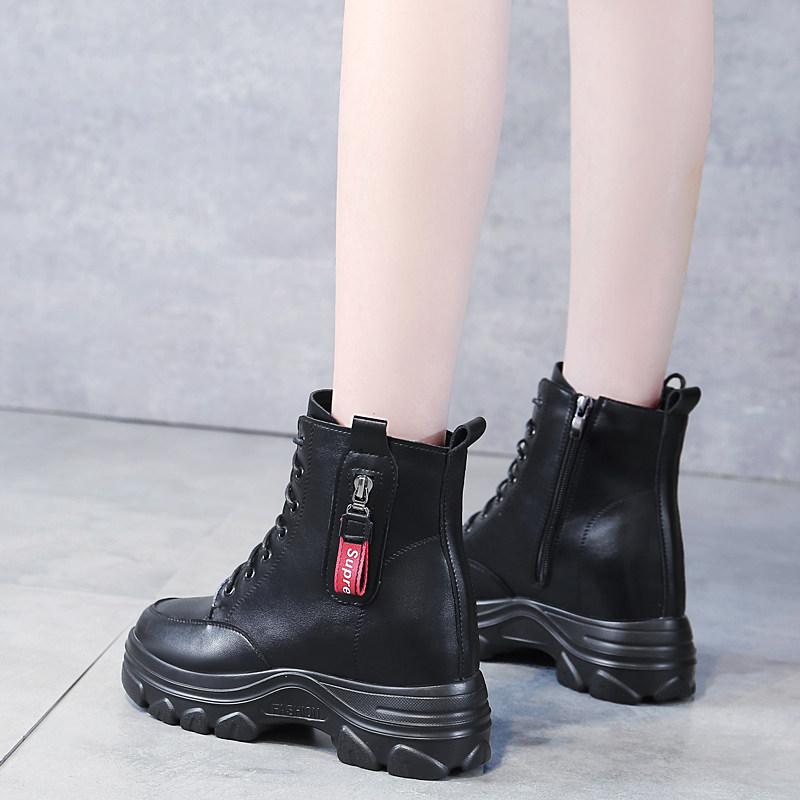 Real leather inner heightening Martin boots woman 2023 new autumn breathable single boot thick bottom side zipped 100 lapped small sub short boot-Taobao