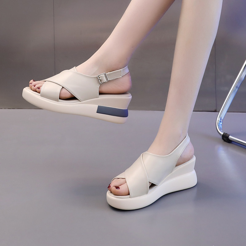 Leather wedge-shaped sandals women's soft leather Western style 2021 summer new high-heeled open-toe all-match thick-soled platform shoes