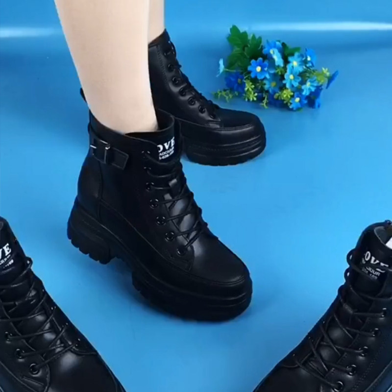 Leather snow boots women's winter 2021 new velvet thick cotton shoes all-match thick bottom cotton boots slimming and heightening boots