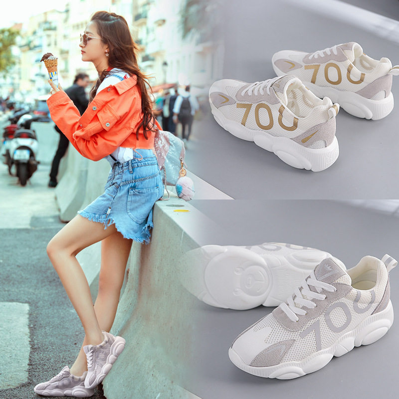 Genuine Leather Old Daddy Shoes Woman 2021 Chunqiu New 100 Lap Lace Small White Shoes Soft Bottom Mesh Surface Breathable Sports Casual Shoes