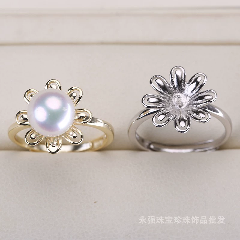 Phụ kiện tự làm S925 sterling bạc cánh hoa ba mảnh nhẫn ngọc trai mặt dây chuyền bông tai rỗng giữ bán thành phẩm làm bằng tay - Nhẫn