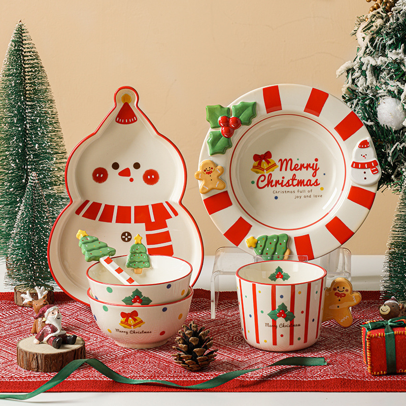 Embossed Cartoon Christmas Tree Gingerbread Man Breakfast Plate Salad Plate Christmas Ceramic Tableware High-Value Household Rice Bowl Plate