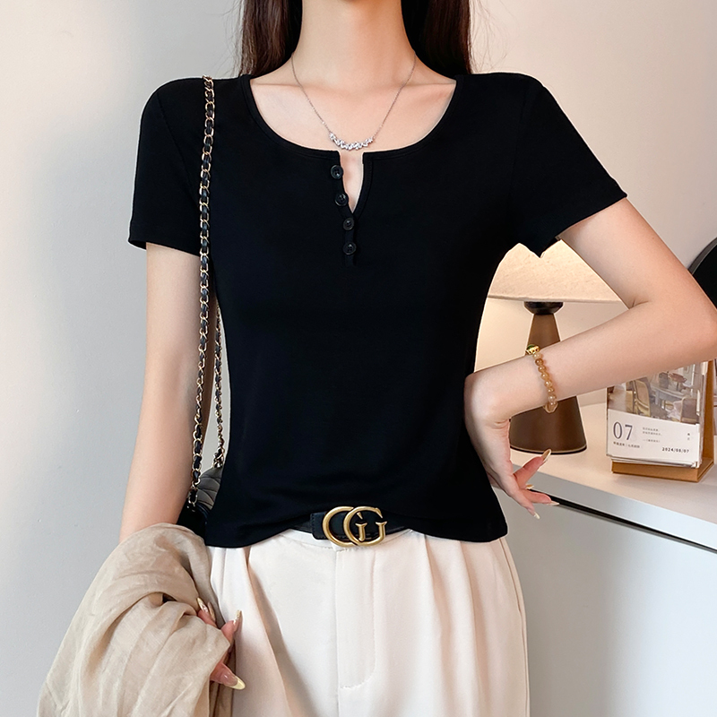 Black Half Open Collar Button Short-Sleeved T-Shirt for Women Summer Slim Design Bottoming Shirt Slimming Look Versatile Pure Desire Top