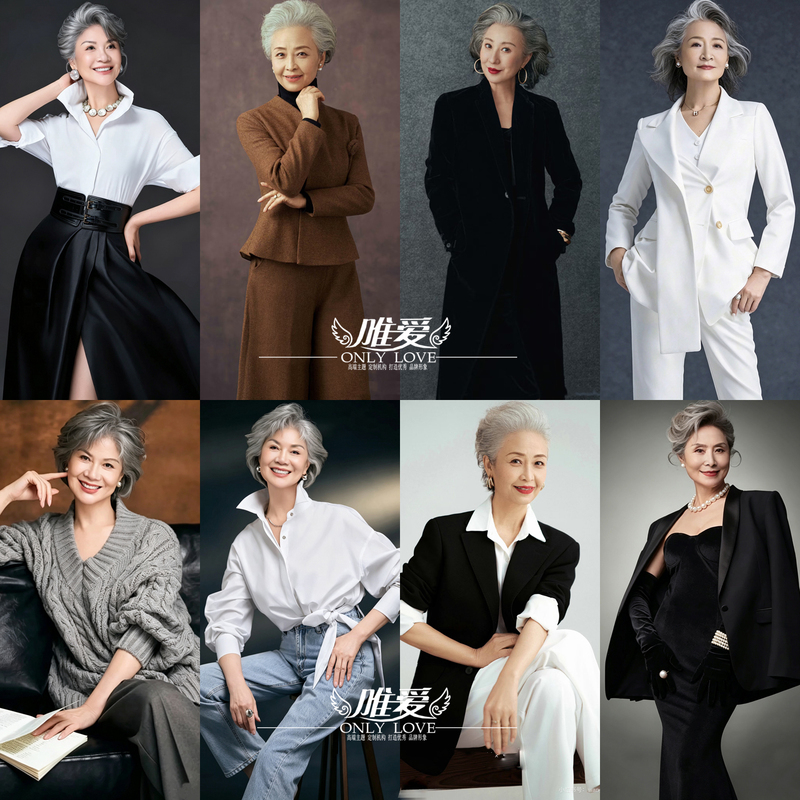 Elegant and Intellectual Mature Lady Artistic Photo Shoot Outfit, Studio Silver-Haired Grandma Middle-Aged and Elderly Portrait Theme Photo Shoot Outfit