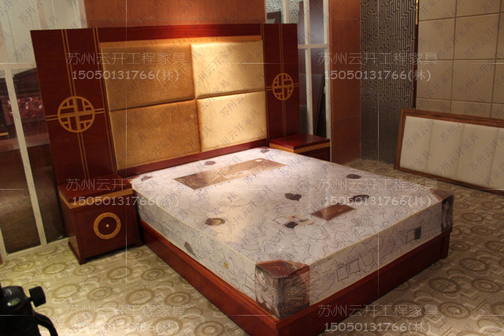 Chinese Red Brown Baking Lacquered Double Bed 1 8 Hotel furniture Furniture Bed guesthouses Peers with full set of bed soft-covered backrest bed