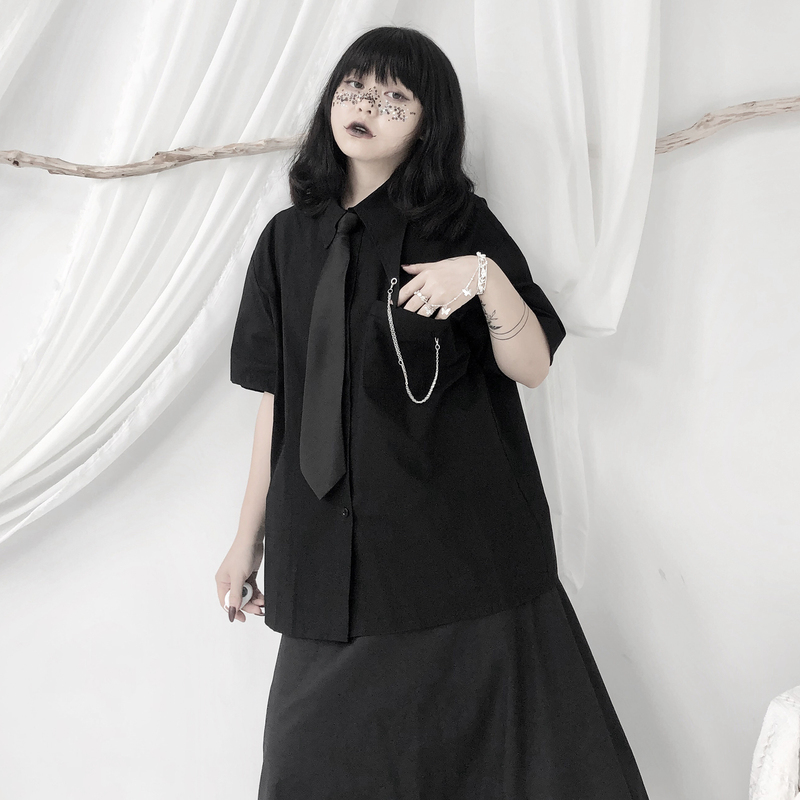 Songui LAOSHU Yamamoto Short-Sleeved Shirt for Women, Unique Design, Dark Style, Japanese Style, Yoji Shirt with Tie Included
