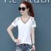 Mùa hè 2019 áo sơ mi nữ mới chạm đáy áo sơ mi nữ tay dài bó sát áo thun cotton cổ chữ V - Áo phông áo phông cao cấp Áo phông
