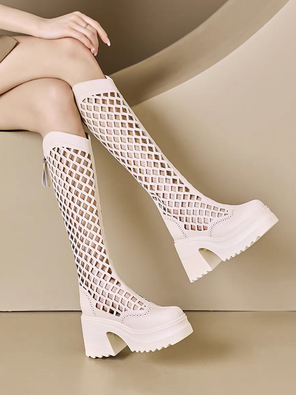 Summer Hollow Boots, Long Boots for Women, Thick-Soled High Boots for Petite Women, Summer Thin Breathable High-Heeled Long Boots
