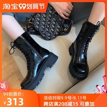 Not two orange side zipper leather muffin thick bottom Martin boots patent leather high middle tube short boots female handsome locomotive boots