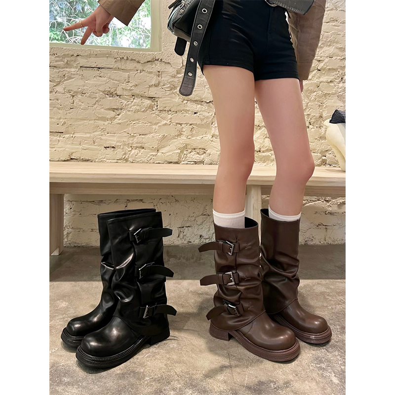 Furui Orange Chunky Heel Boot with Belt Buckle, Pleated Thick-Soled Mid-Calf Boots, American Retro Western Cowboy Boots, Martin Boots
