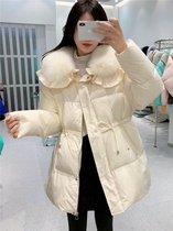2021 new products sweet and beautiful shawl large fur collar down jacket for womens medium long drawing rope to collect waist fox wool white duck suede jacket