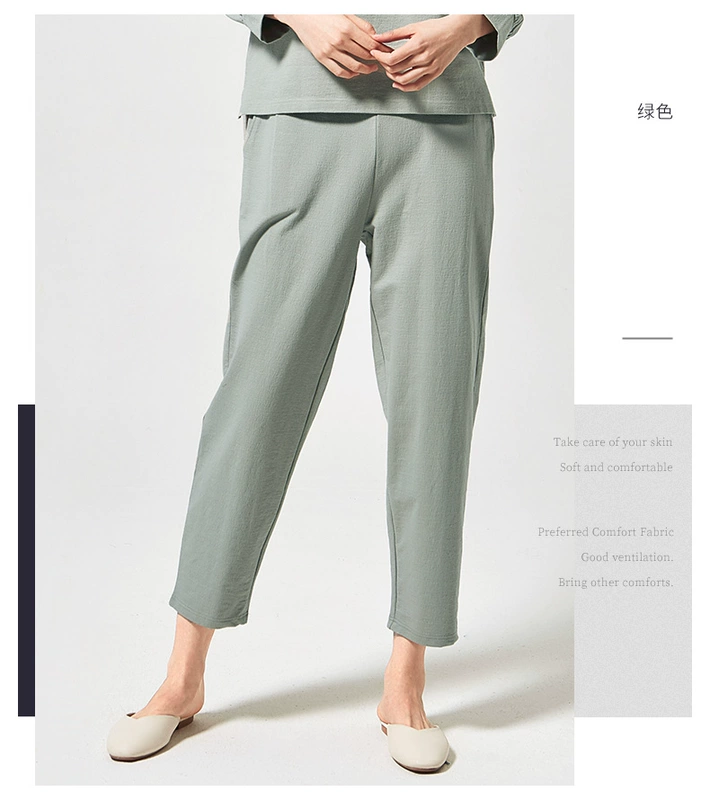 Tongniu BLESS sê-ri 2020 mùa xuân mới cotton nhăn nếp thẳng chân phụ nữ quần dài ở nhà bộ đồ ngủ mặc nhà VK111 - Quần tây