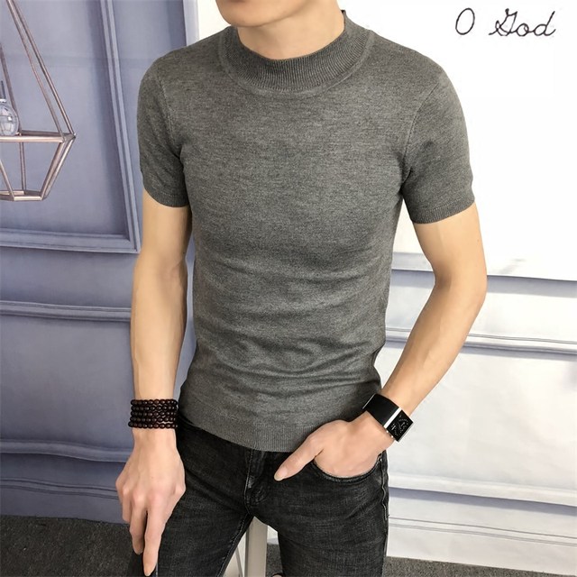 Spring and autumn thin sweater short-sleeved men's mid-high collar slim solid color half-sleeved sweater winter knitted bottoming shirt trendy large size