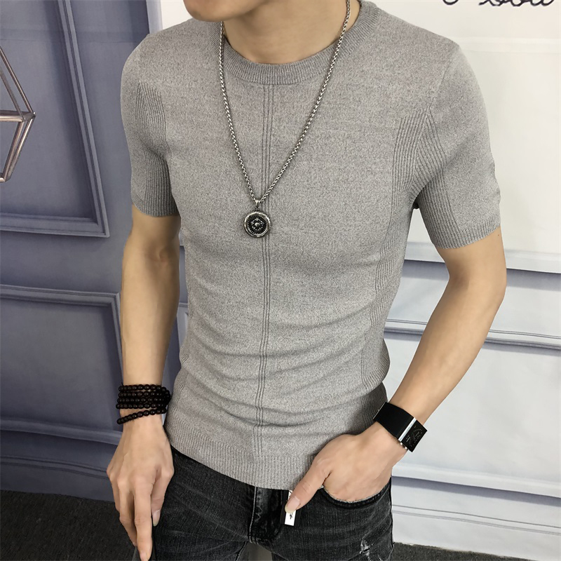 Summer Ice Silk solid color Korean slim men's round neck short sleeve T-shirt Hong Kong style trend thin half sleeve knitted sanitary clothes