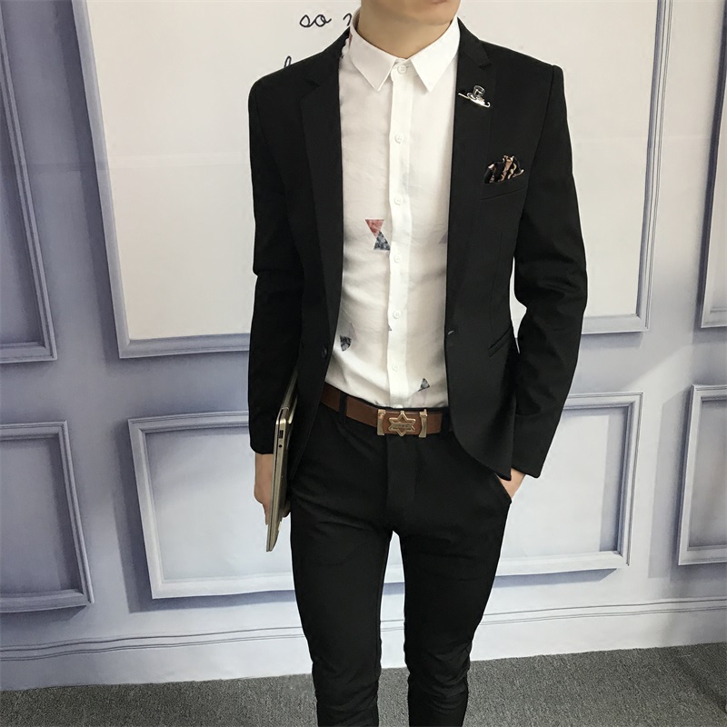 Small suit men trend handsome casual autumn Korean slim black student youth solid color suit jacket coat