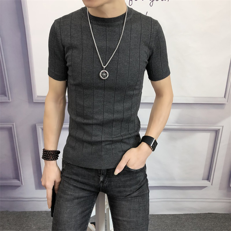 Spring men half high collar solid color slim slim stripe short sleeve sweater youth harbor wind half sleeve knitted sweater tide