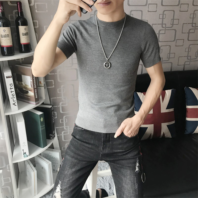 Spring and Autumn Slim Korean Hong Kong style short sleeve men's round neck thin sweater half sleeve solid color knitted base sweater tide