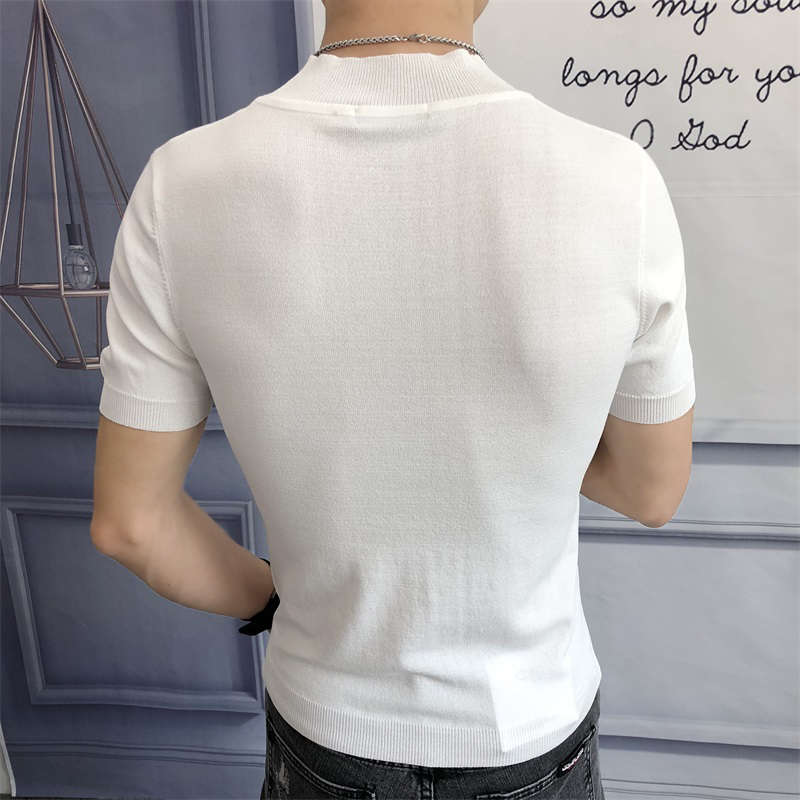 Mùa hè băng lụa ngắn tay t-shirt nam cao cổ mỏng phần mỏng đan áo len Hồng Kông gió nửa tay áo đáy áo