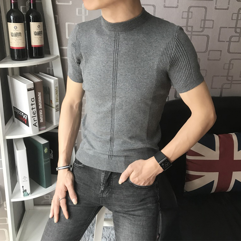 Mùa hè băng lụa mỏng vòng cổ ngắn tay t-shirt nam cao cổ áo len nửa tay Mỏng mùa xuân và mùa thu đan áo len triều