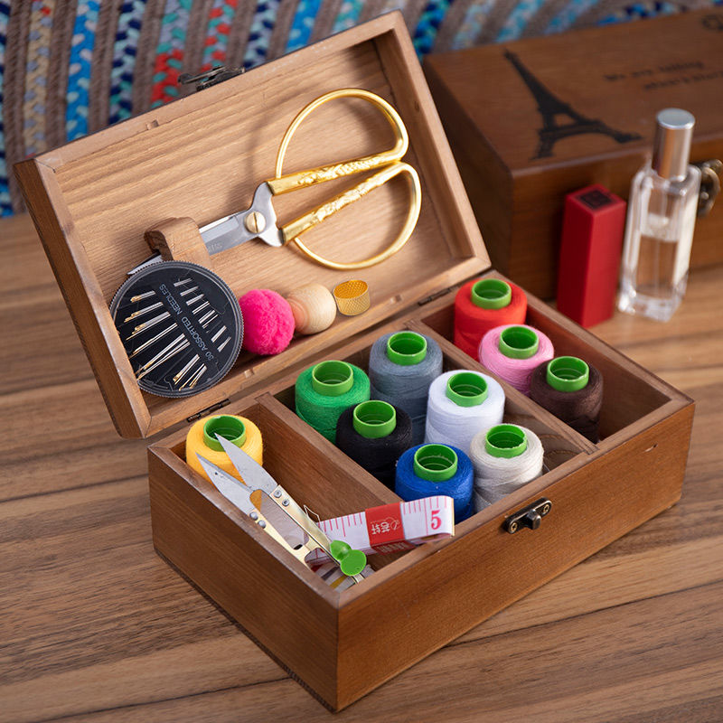 Sewing box household high-end set multi-functional storage advanced wedding dowry solid wood box sewing package front line tool