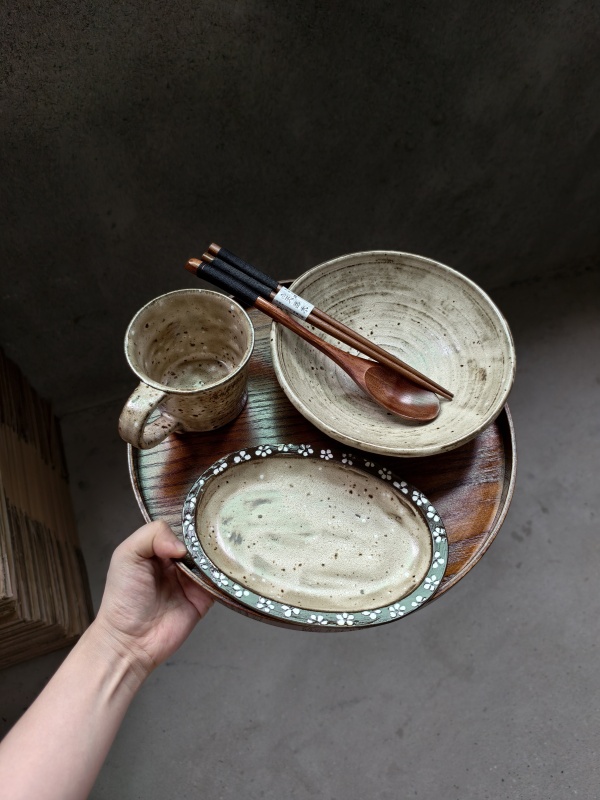 Wabi-Sabi Style Tableware, One-Person Dining Tableware, Bowls and Plates, Irregular-Shaped Large Bowls, Noodle Bowls, with Cups and Small Flower Plates