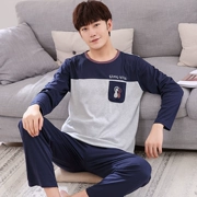 Bộ đồ ngủ nam cotton dài tay mùa xuân và mùa thu thanh niên cotton mùa thu nam phục vụ nhà sinh viên phù hợp có thể được mặc