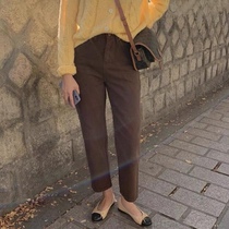 Spot caramel brown autumn invincis brown ensemble old friends remember ancient elastic high waist straight cylinder jeans American plus Korean