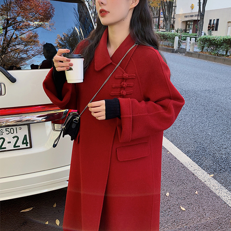 Chinese style anti-season high-end red double-sided cashmere coat women's long version 2021 new retro loose double-sided