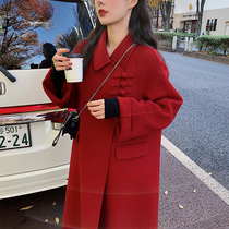 Chinese style anti-season high-end red double-sided cashmere coat womens long 2021 New retro loose double-sided